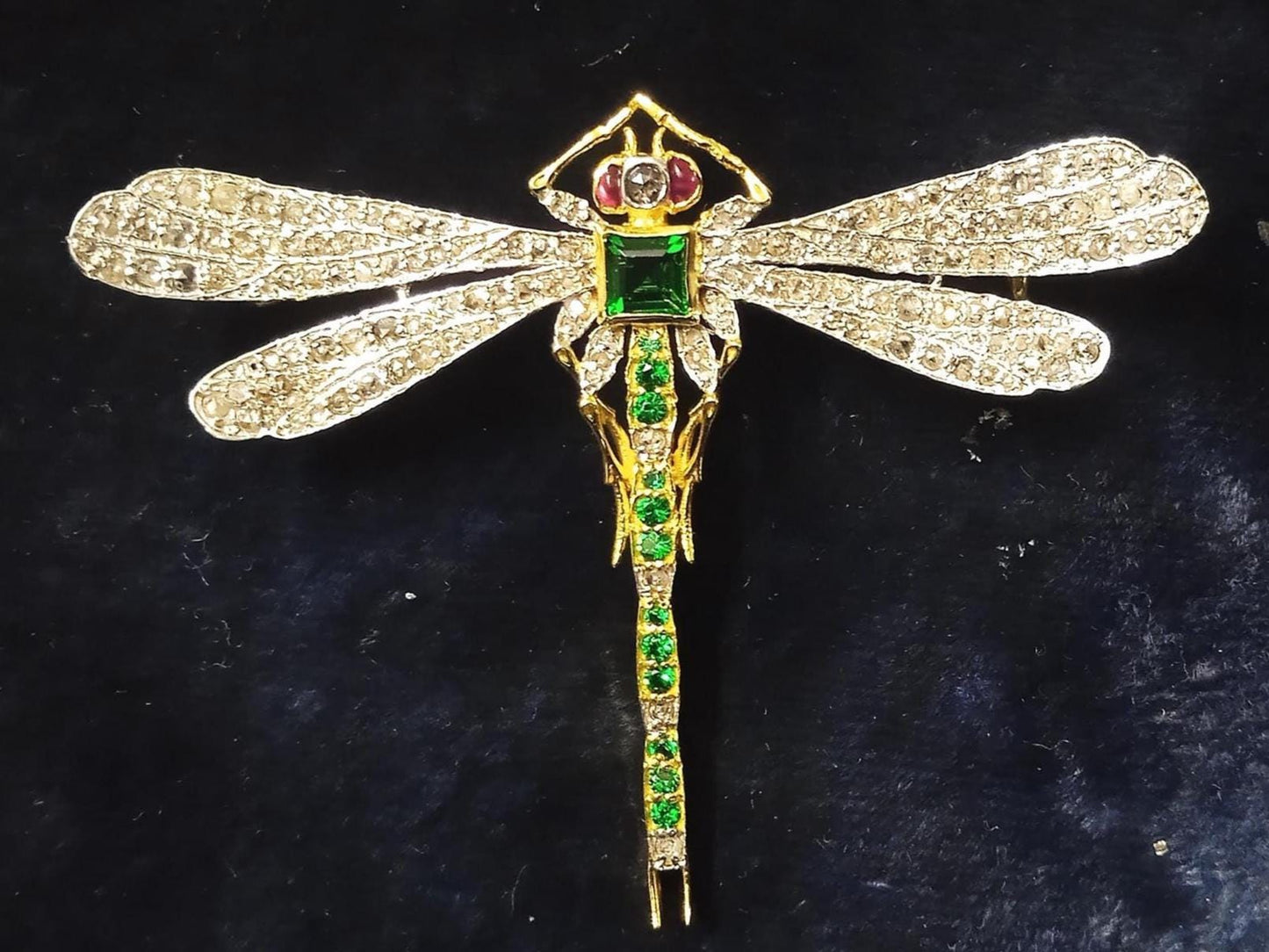 Beautiful Art Deco 8ct Lab Emerald 2.5ct Natural Diamond 10 Cent Ruby, 925 Sterling Silver Handmade Dragonfly Brooch
