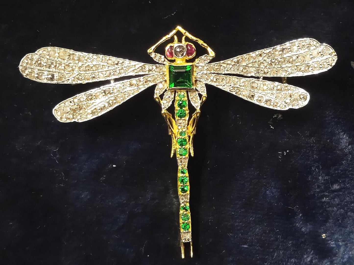 Beautiful Art Deco 8ct Lab Emerald 2.5ct Natural Diamond 10 Cent Ruby, 925 Sterling Silver Handmade Dragonfly Brooch