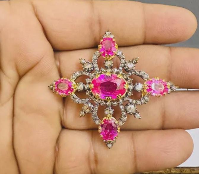 25ct Ruby 1.6ct Natural Diamond 925 Sterling Silver Brooch