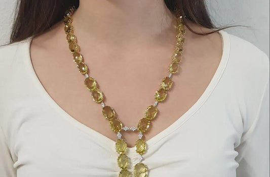 Necklace - Oval Shape 210ct Citrine 2ct Natural Diamond Royal Necklace 925 Sterling Silver