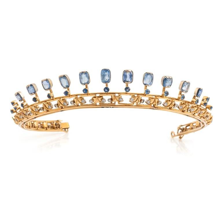 Tiara/Necklace - 45ct Blue Sapphire 5ct Diamond 925 Sterling Silver Adjustable Tiara/Necklace