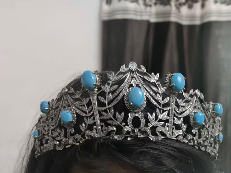 Tiara- 60ct Turquoise 25ct Natural Diamond 925 Sterling Silver Tiara