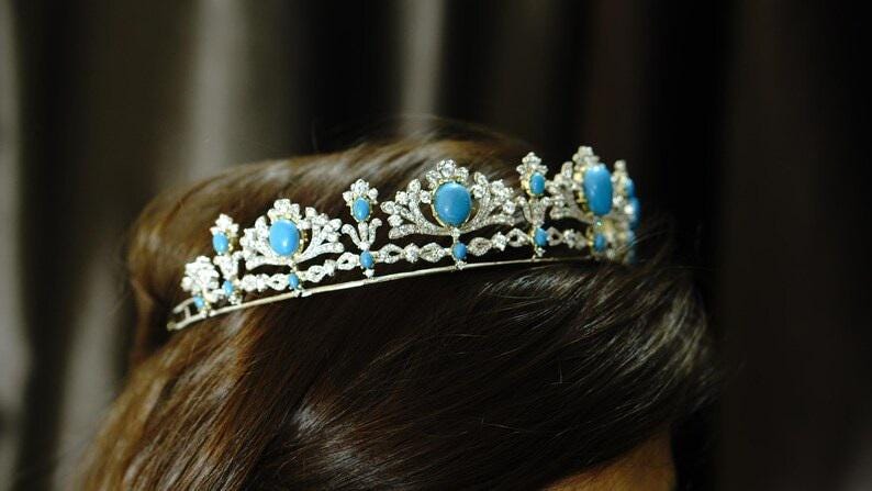 Tiara- 40ct Turquoise 15ct Natural Diamond 925 Sterling Silver Tiara