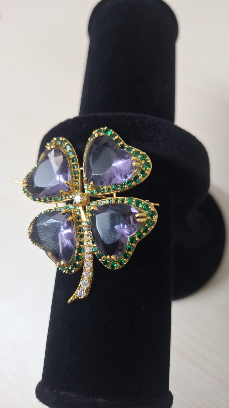 35ct Amethyst 1.58ct Emerald 1ct Diamond 925 Sterling Silver Brooch