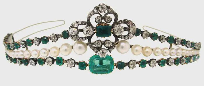 Tiara - 15ct Natural Diamond 45ct pearl 20ct Emerald 925 Sterling Silver Tiara