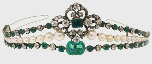 Tiara - 15ct Natural Diamond 45ct pearl 20ct Emerald 925 Sterling Silver Tiara