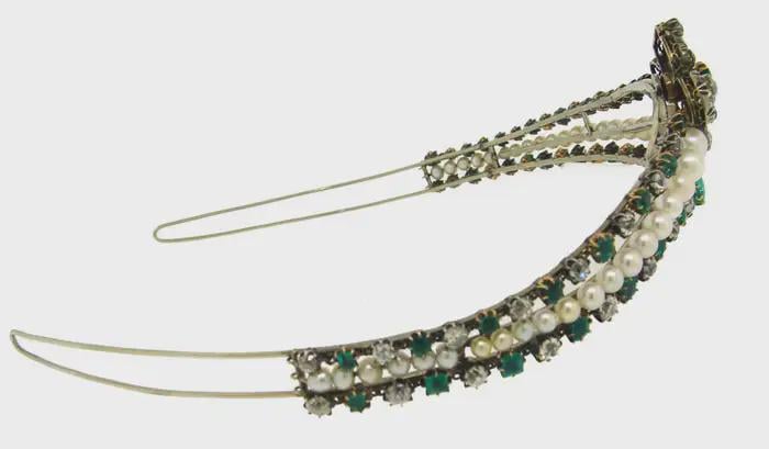 Tiara - 15ct Natural Diamond 45ct pearl 20ct Emerald 925 Sterling Silver Tiara