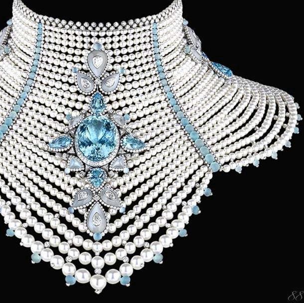 Necklace - Royal Necklace Beaded with Pearl and Blue Topaz and Diamond 925 Sterling Silver