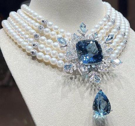 Necklace - Royal Necklace Beaded with Pearl and Blue Topaz and Diamond 925 Sterling Silver
