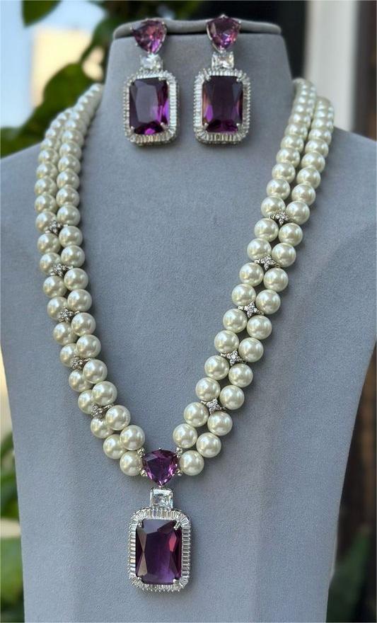 Necklace - Royal Necklace Beaded with Pearl and Amethyst and Diamond 925 Sterling Silver
