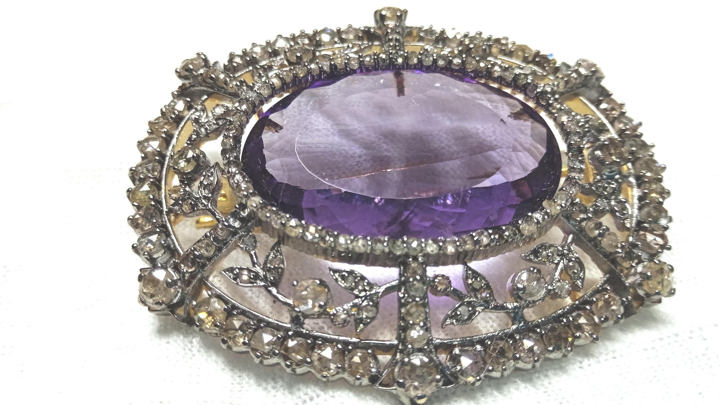 35ct Amethyst 3.5ct Natural Diamond 925 Sterling Silver Brooch