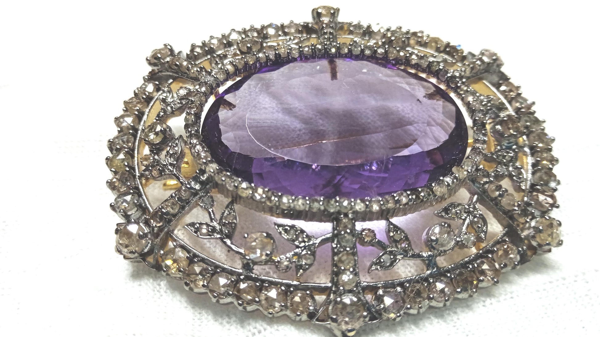 35ct Amethyst 3.5ct Natural Diamond 925 Sterling Silver Brooch
