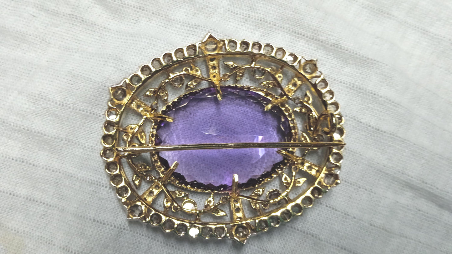 35ct Amethyst 3.5ct Natural Diamond 925 Sterling Silver Brooch