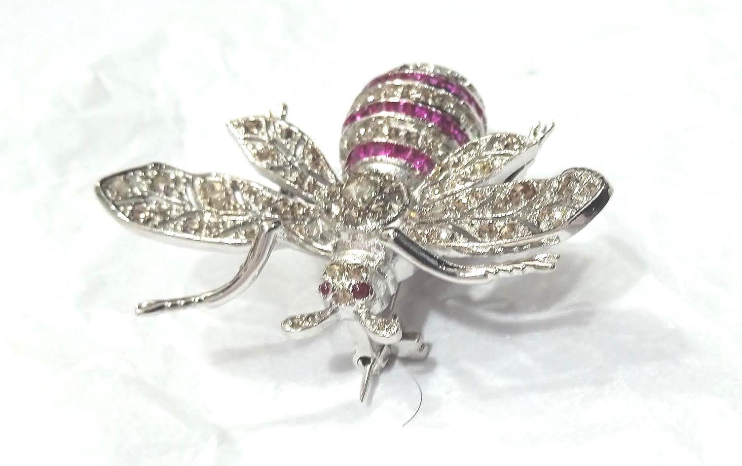 2CT Rubies 2CT Natural Diamond 925 Sterling Silver Bee Brooch