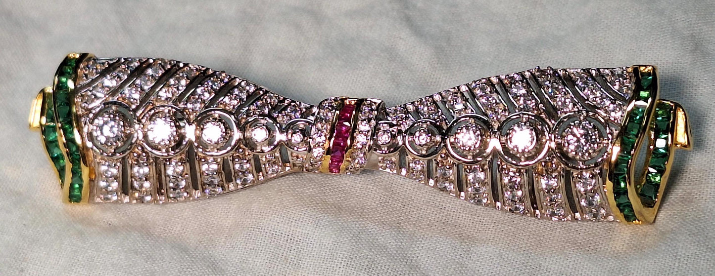 3ct Diamond 1ct Emerald 20 Cent Ruby 925 Sterling Silver Brooch