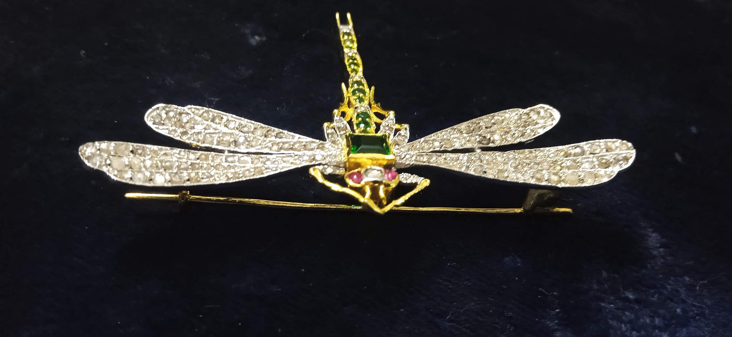Beautiful Art Deco 8ct Lab Emerald 2.5ct Natural Diamond 10 Cent Ruby, 925 Sterling Silver Handmade Dragonfly Brooch