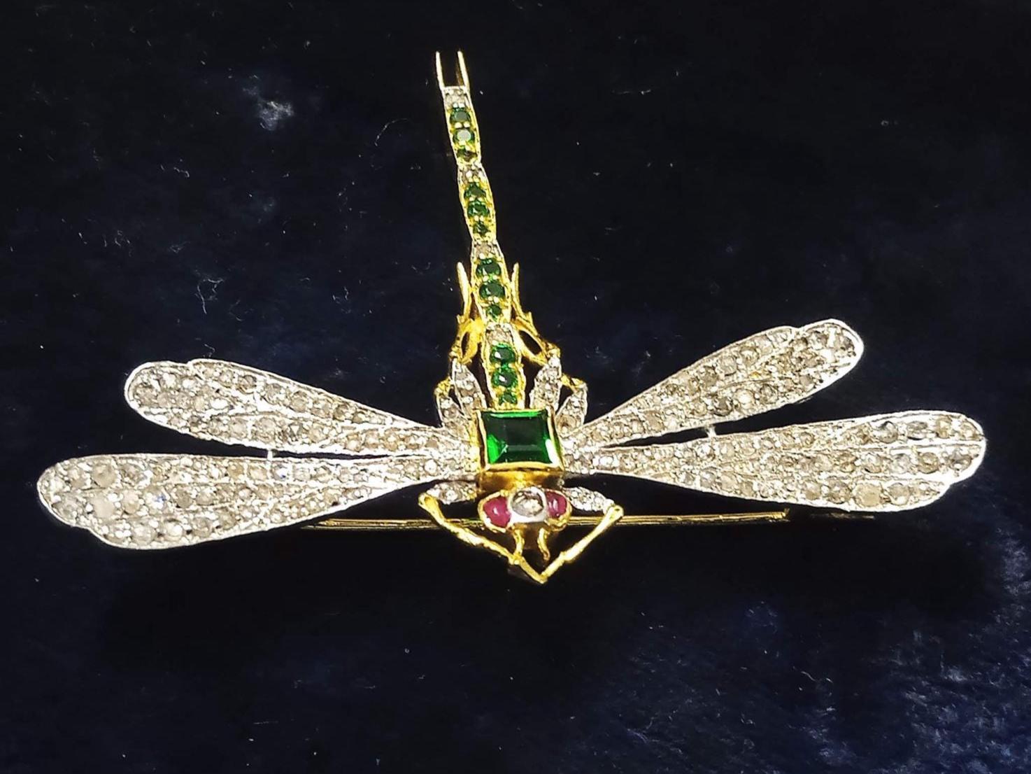 Beautiful Art Deco 8ct Lab Emerald 2.5ct Natural Diamond 10 Cent Ruby, 925 Sterling Silver Handmade Dragonfly Brooch