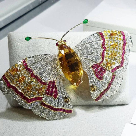 18CT Citrine 4CT Rubies 6CT Zircon 925 Sterling Silver Brooch