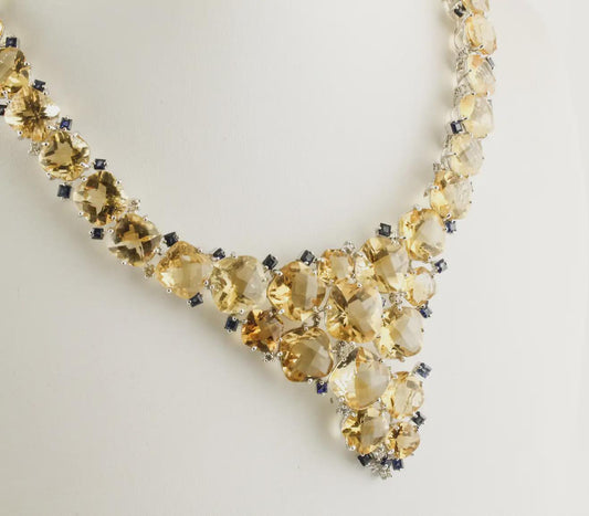 Necklace - Cushion Shape 280ct Citrine 2ct Diamond 4ct Onyx Royal Necklace 925 Sterling Silver