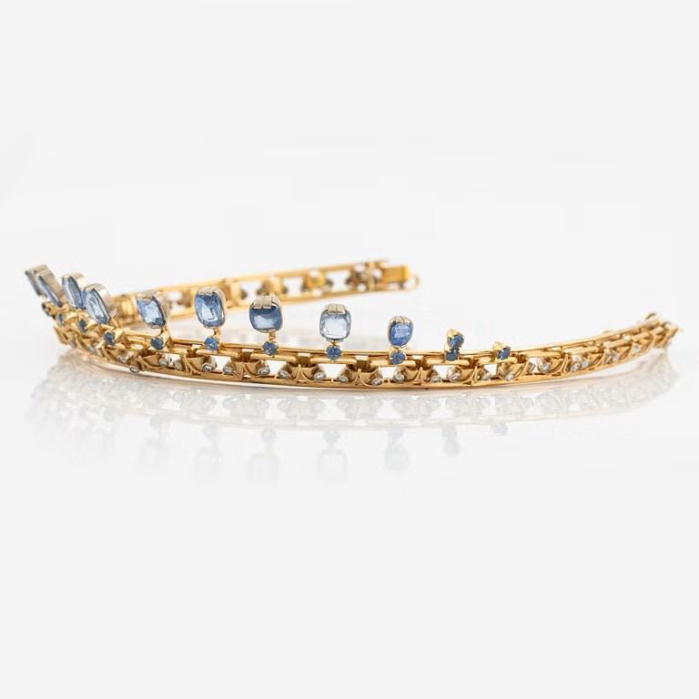 Tiara/Necklace - 45ct Blue Sapphire 5ct Diamond 925 Sterling Silver Adjustable Tiara/Necklace