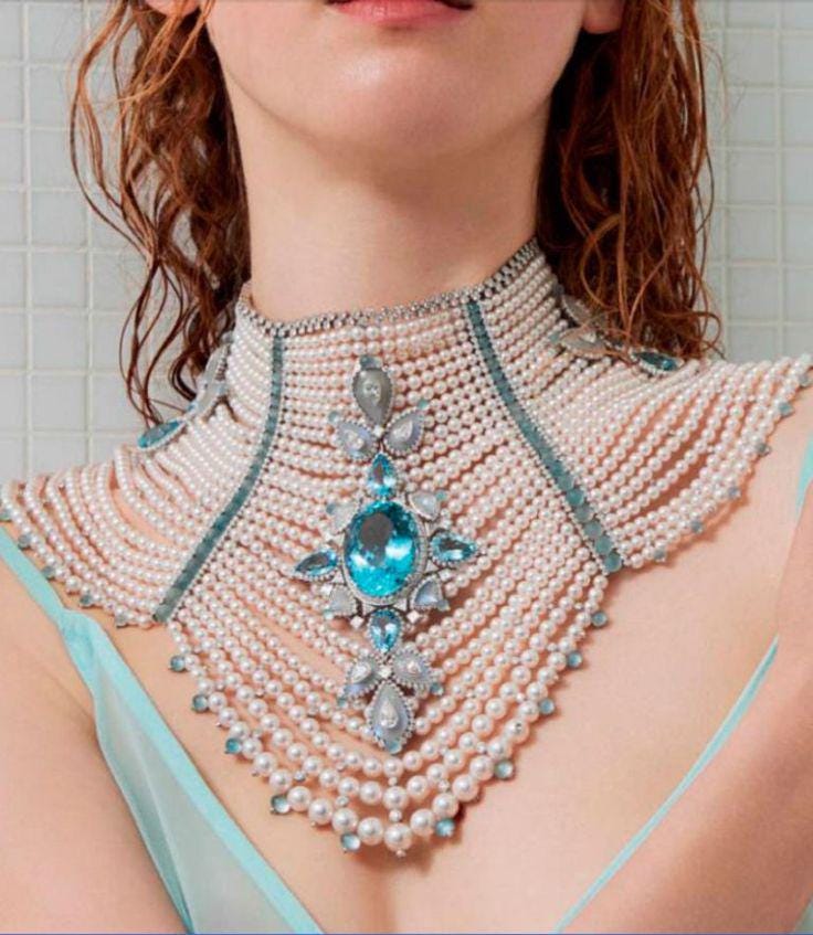 Necklace - Royal Necklace Beaded with Pearl and Blue Topaz and Diamond 925 Sterling Silver