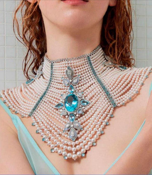 Necklace - Royal Necklace Beaded with Pearl and Blue Topaz and Diamond 925 Sterling Silver