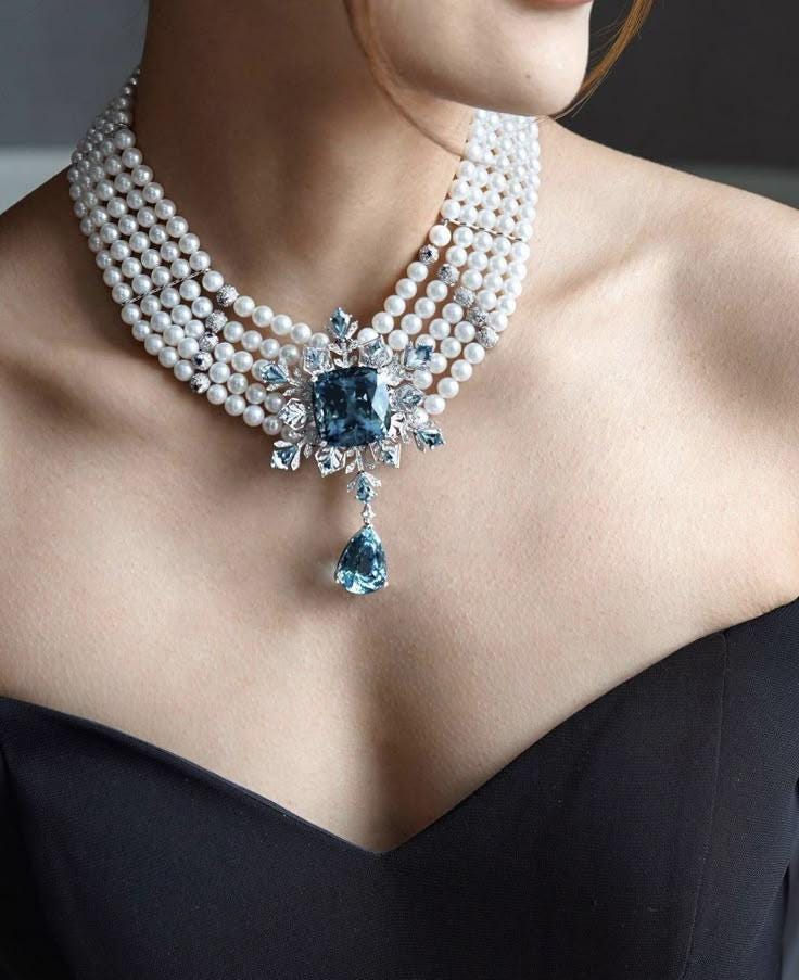 Necklace - Royal Necklace Beaded with Pearl and Blue Topaz and Diamond 925 Sterling Silver
