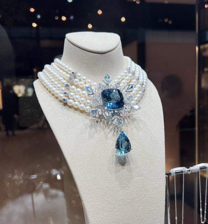 Necklace - Royal Necklace Beaded with Pearl and Blue Topaz and Diamond 925 Sterling Silver