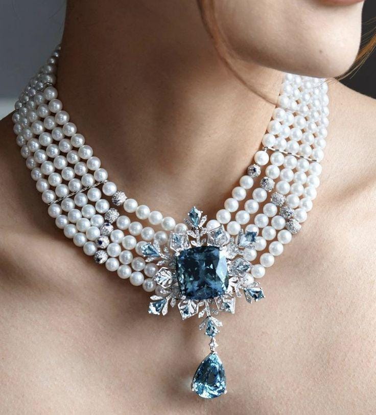 Necklace - Royal Necklace Beaded with Pearl and Blue Topaz and Diamond 925 Sterling Silver
