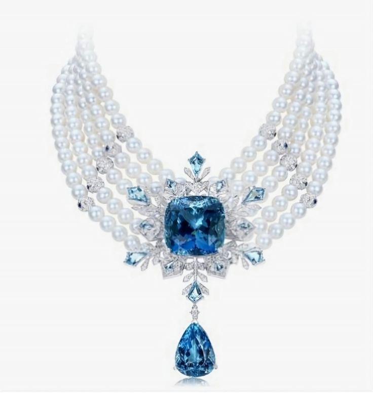 Necklace - Royal Necklace Beaded with Pearl and Blue Topaz and Diamond 925 Sterling Silver