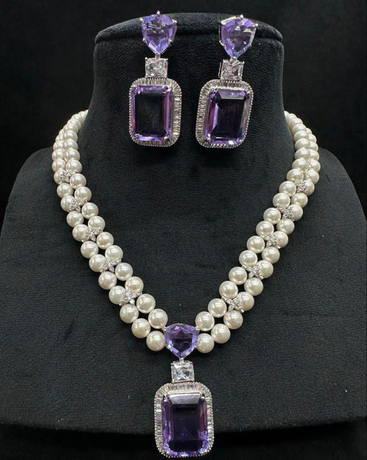 Necklace - Royal Necklace Beaded with Pearl and Amethyst and Diamond 925 Sterling Silver