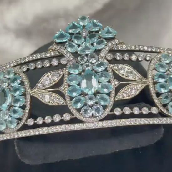 Tiara - Art Deco 90ct Blue Topaz 25ct Natural Diamond - beautiful Wedding Headpiece