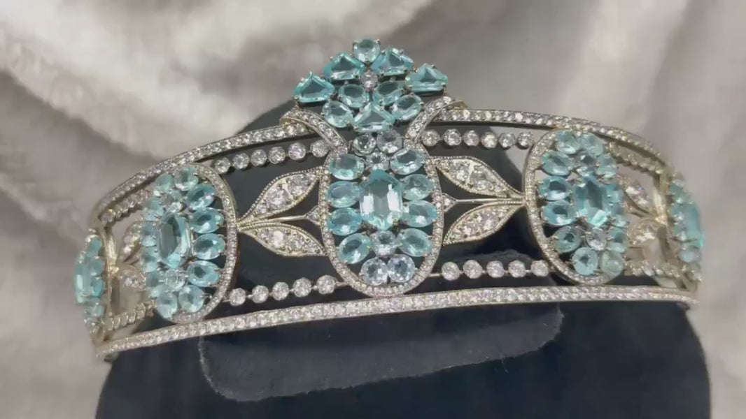 Tiara - Art Deco 90ct Blue Topaz 25ct Natural Diamond - beautiful Wedding Headpiece