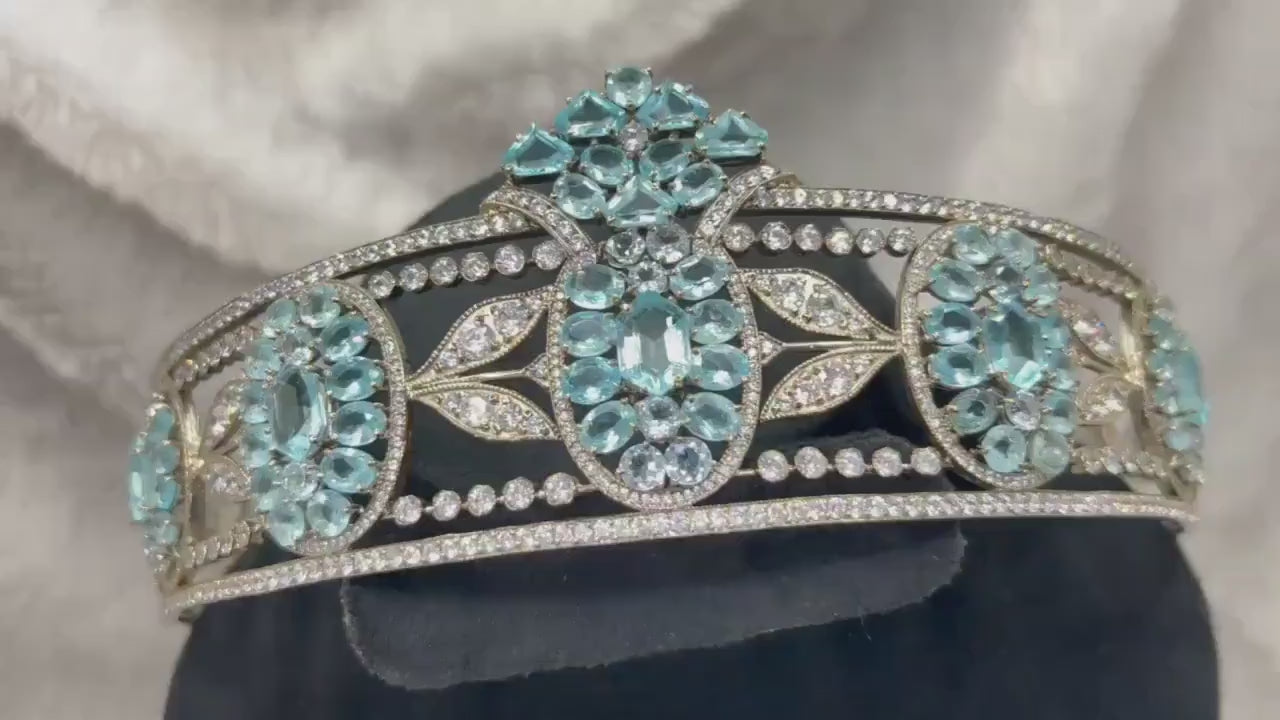 Tiara - Art Deco 90ct Blue Topaz 25ct Natural Diamond - beautiful Wedding Headpiece