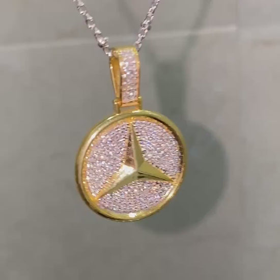 18 karat Gold Plated Silver Mercedes pendant. Hip Hop iced pendant.