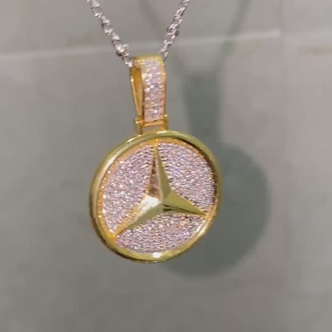 18 karat Gold Plated Silver Mercedes pendant. Hip Hop iced pendant.