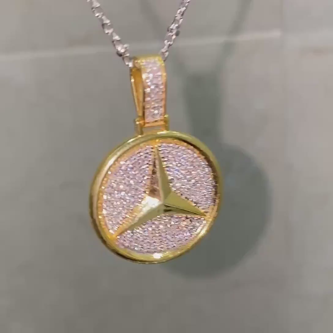 18 karat Gold Plated Silver Mercedes pendant. Hip Hop iced pendant.