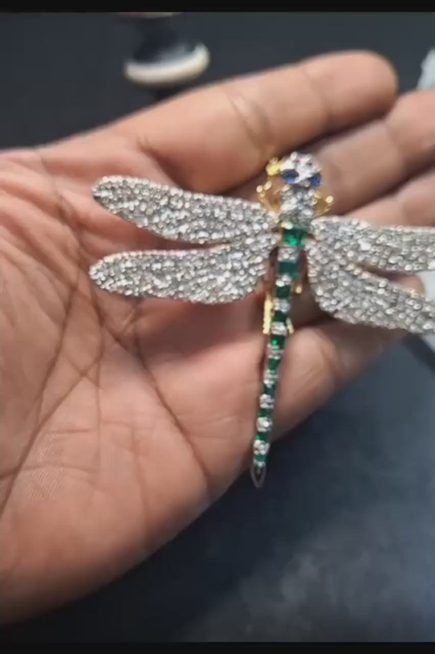 Silver Dragon fly Emerald, Ruby, Sapphire Brooch.