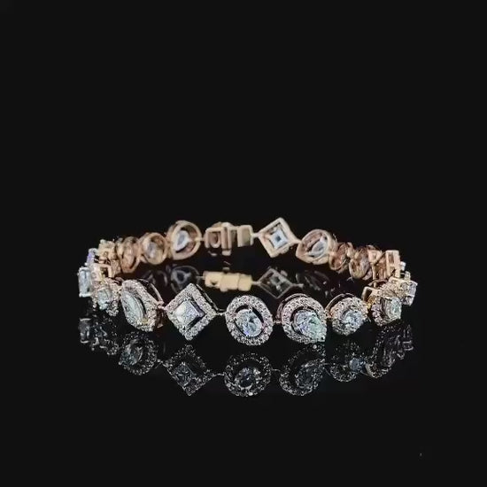 Unique Halo Multi Shape natural diamond bracelet. Solid 14 Karat. 6.5 Inch Wrist Size.