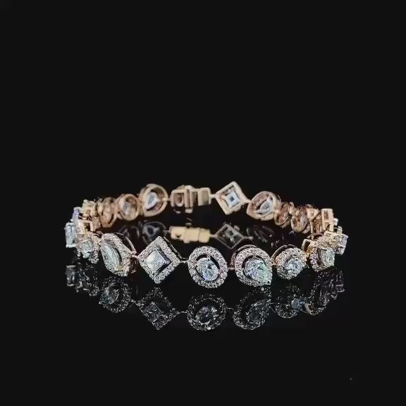 Unique Halo Multi Shape natural diamond bracelet. Solid 14 Karat. 6.5 Inch Wrist Size.