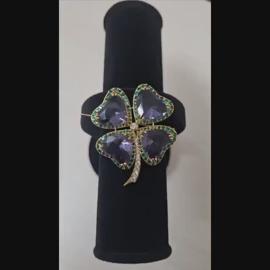 35ct Amethyst 1.58ct Emerald 1ct Diamond 925 Sterling Silver Brooch