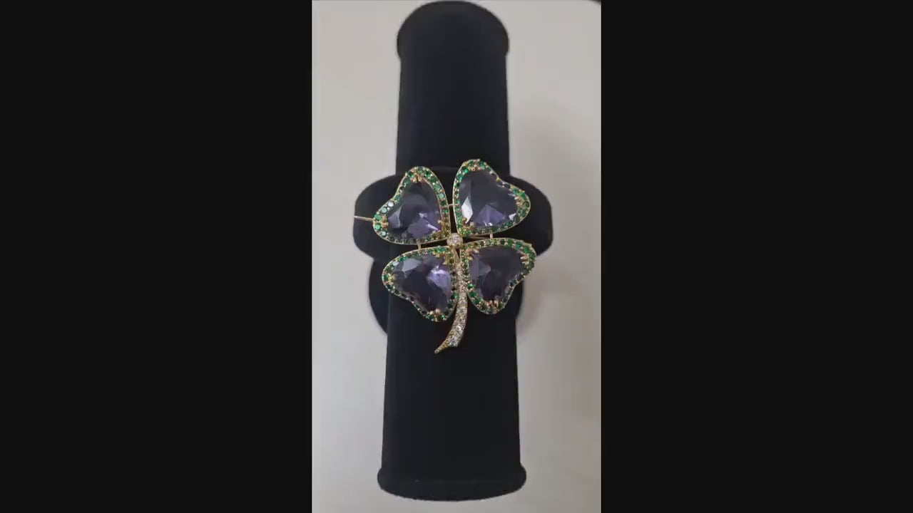35ct Amethyst 1.58ct Emerald 1ct Diamond 925 Sterling Silver Brooch