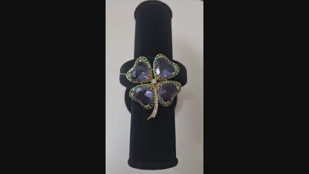35ct Amethyst 1.58ct Emerald 1ct Diamond 925 Sterling Silver Brooch