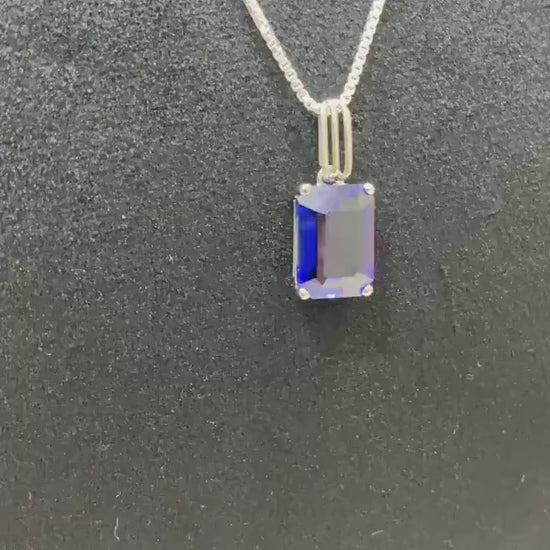 Blue Onyx Pendent. Minimal design, Emerald cut, White gold 18K Plated sterling silver.