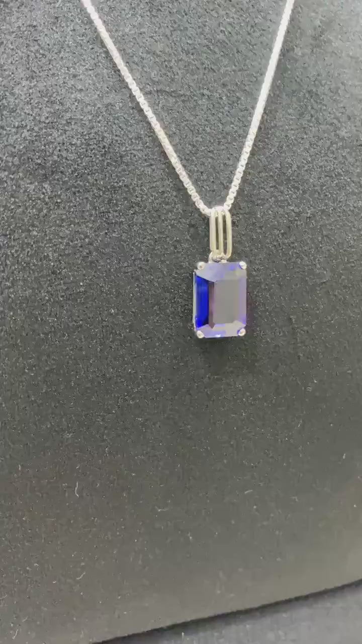 Blue Onyx Pendent. Minimal design, Emerald cut, White gold 18K Plated sterling silver.