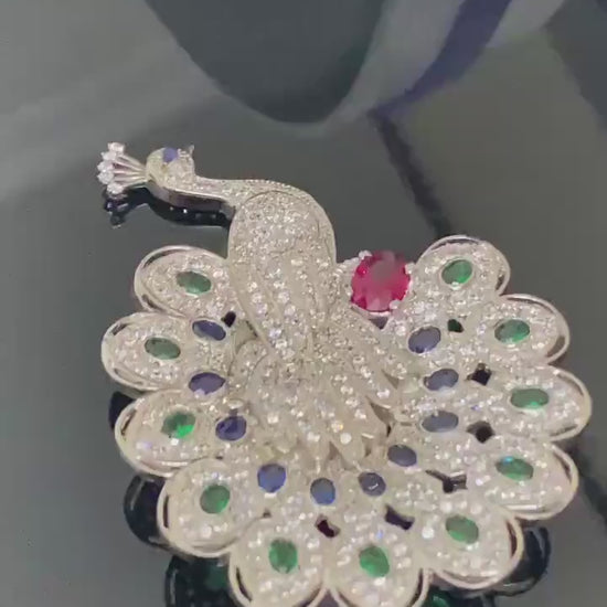 Peacock Brooch. Silver 925. 2ct Sapphire. 2Ct Emerald. 1Ct Ruby.