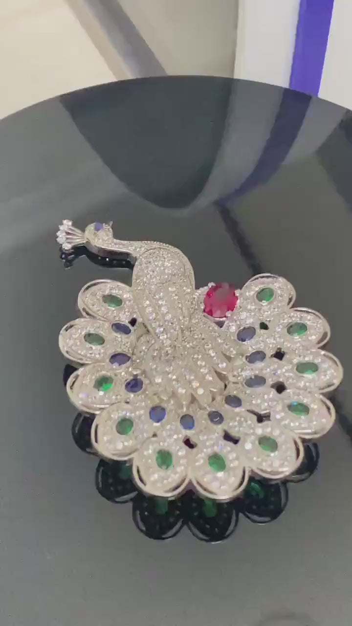 Peacock Brooch. Silver 925. 2ct Sapphire. 2Ct Emerald. 1Ct Ruby.