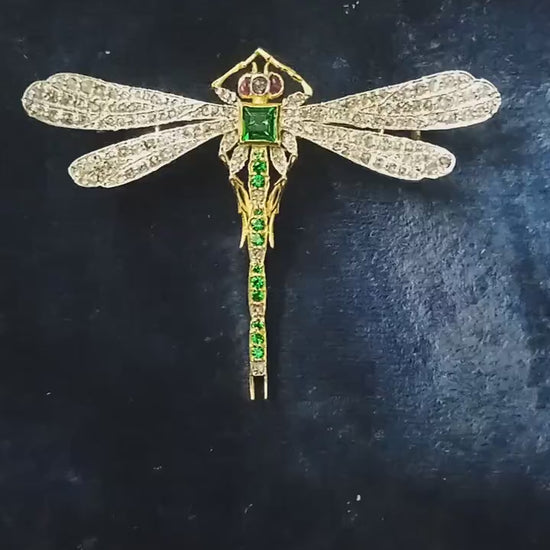 Beautiful Art Deco 8ct Lab Emerald 2.5ct Natural Diamond 10 Cent Ruby, 925 Sterling Silver Handmade Dragonfly Brooch