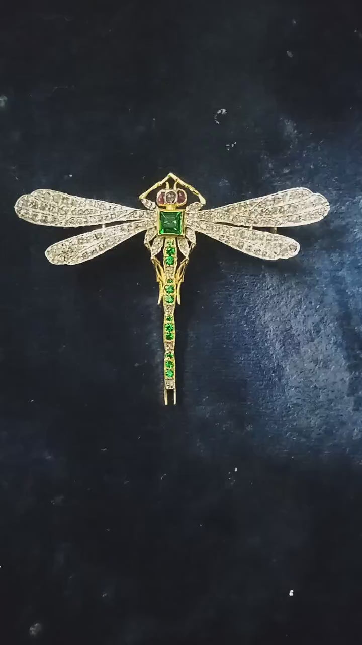 Beautiful Art Deco 8ct Lab Emerald 2.5ct Natural Diamond 10 Cent Ruby, 925 Sterling Silver Handmade Dragonfly Brooch
