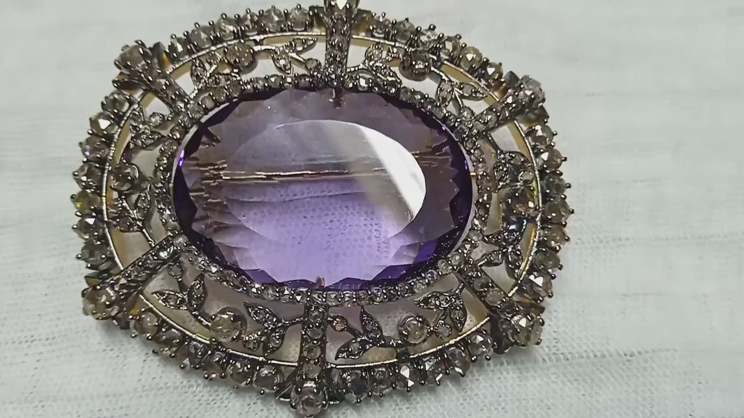 35ct Amethyst 3.5ct Natural Diamond 925 Sterling Silver Brooch